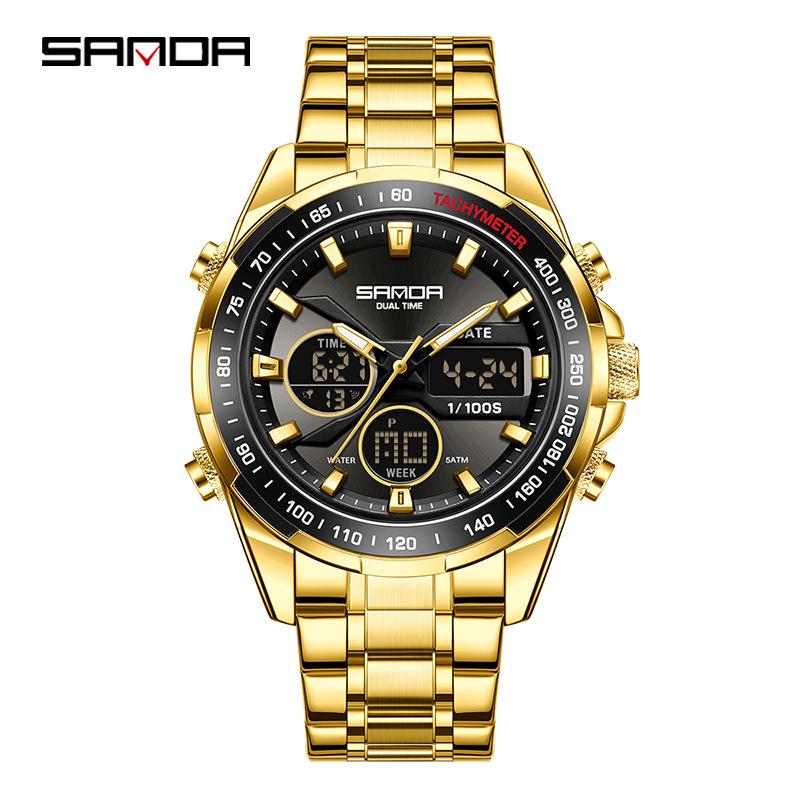 SANDA Stereoscopic Dual Display Watch Men's Steel Band Sunday Date 12/24 Hour 5ATM Waterproof Night Light Alarm Clock
