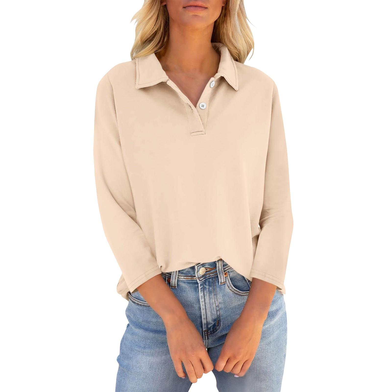 

Женские футболки с рукавом 3/4, летние рубашки с V-образным вырезом и пуговицами, повседневные однотонные свободные топы с воротником XL бежевый