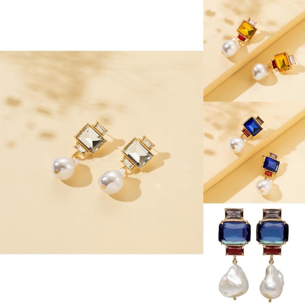 Chic European Style Square Rhinestone Stud Earrings With Designer Pearl Tassels