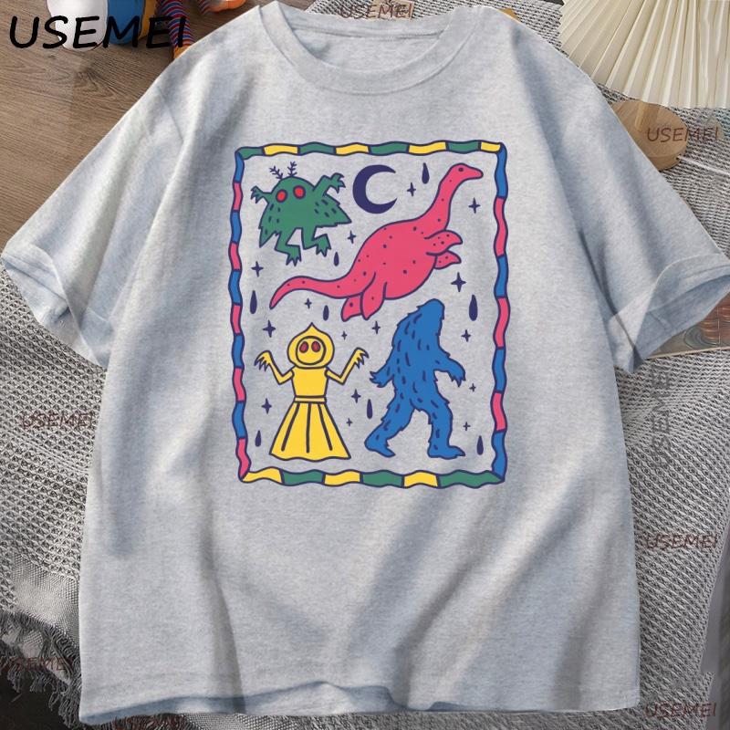 

Colorful Cryptids T Shirt Man Cute Animal Printed T Shirt Casual Cotton Round Neck Tops Harajuku Streetwear Clothes S сірий