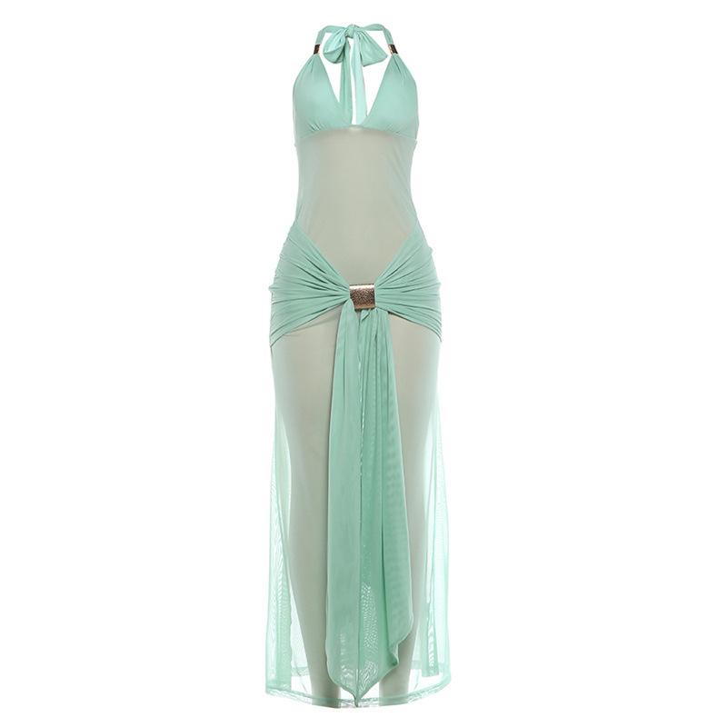 

European and American style summer new women s clothing fashionable and sexy neck halter dress V-neck solid color dress L зелений