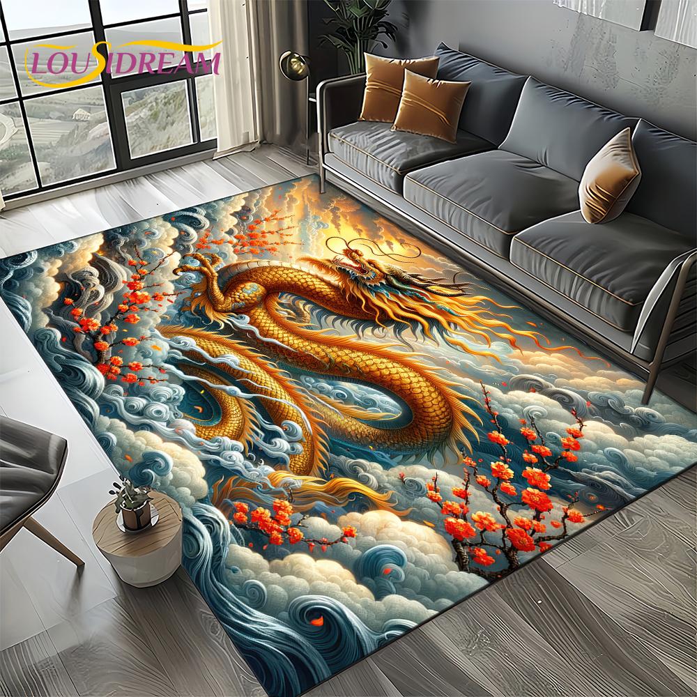 Chinese Style Dreamy Dragon Cartoon Carpet Rug for Living Room Bedroom Home Sofa Decoration,Kid Area Rug Non-slip Floor Mat
