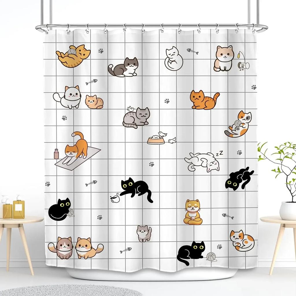 Cartoon Cute Animal Bathing Cat and Dog Shower Curtain Pattern Children's Bathroom Bathtub Decorative Polyester Shower Curtain