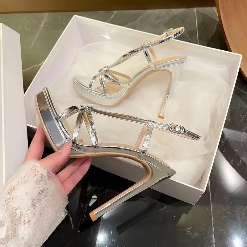 Fashion Beautiful Open-toe Gold High-heeled Shoes for Women 2025 New Summer Wear Slim Heel with Platform Sexy Sandals