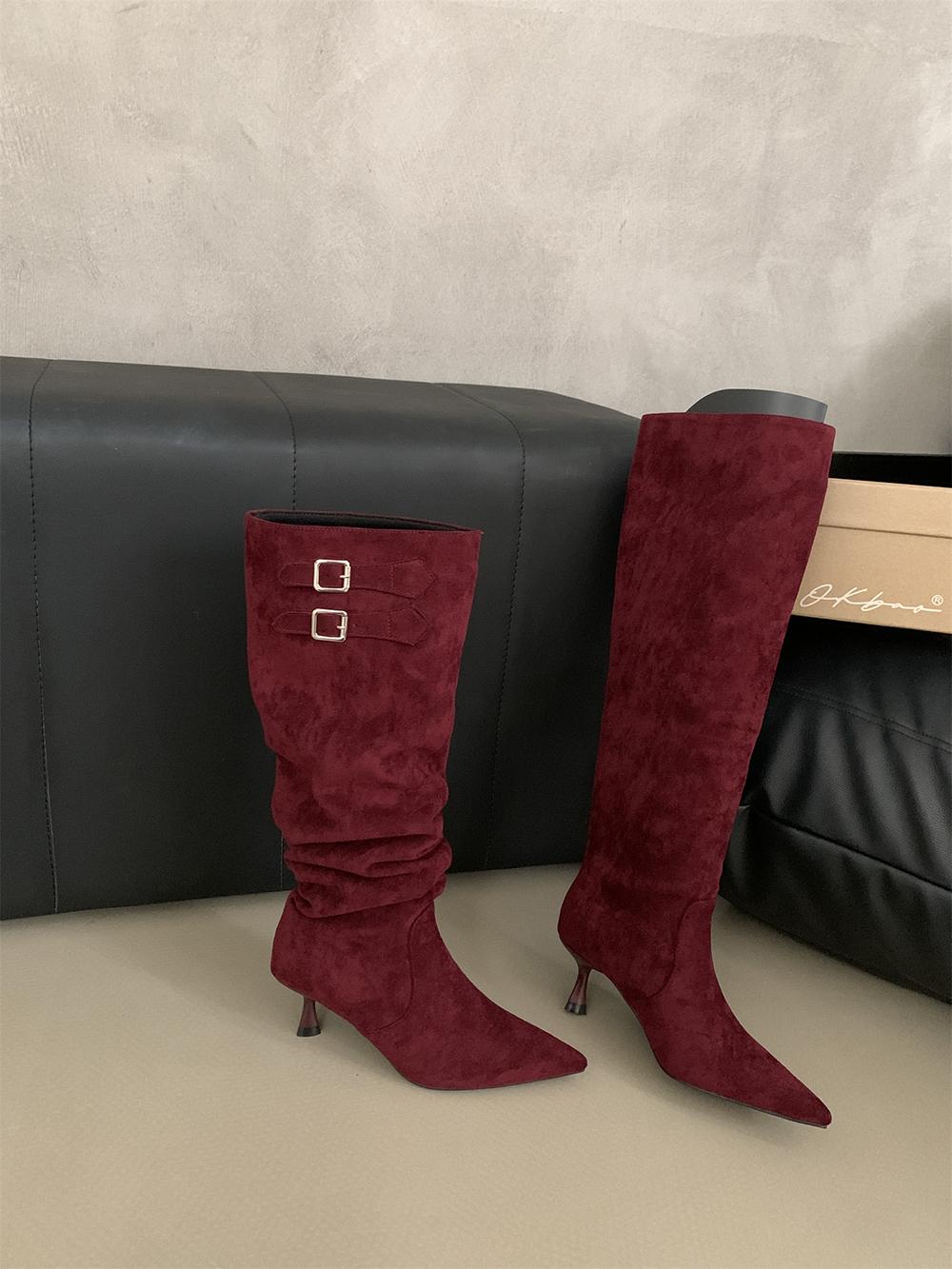 

мода остроносые женские ботинки челси высокие сапоги до колена замшевые зимние туфли-лодочки для вечеринок сапоги на тонком каблуке модные туфли для женщин 245 красный