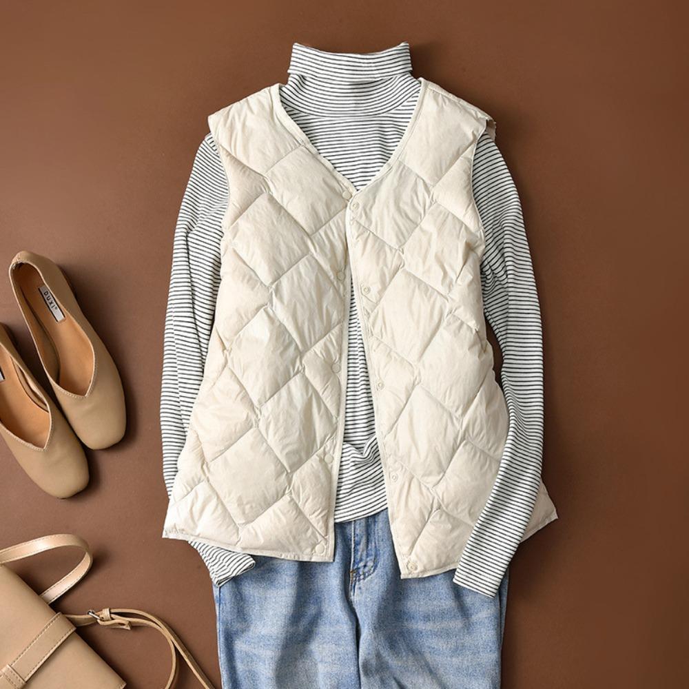 Women's V‑Neck Sleeveless Quilted Down Vest Loose Lightweight White Duck Down Inner Waistcoat Short Outer Gilet