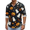 Men's Casual Long Sleeve Halloween Print Shirt Button Down Collar Lightweight Breathable Fabric Comfortable Fit