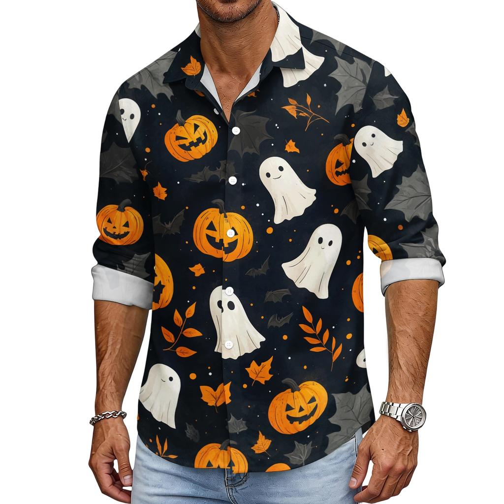 Men's Casual Long Sleeve Halloween Print Shirt Button Down Collar Lightweight Breathable Fabric Comfortable Fit