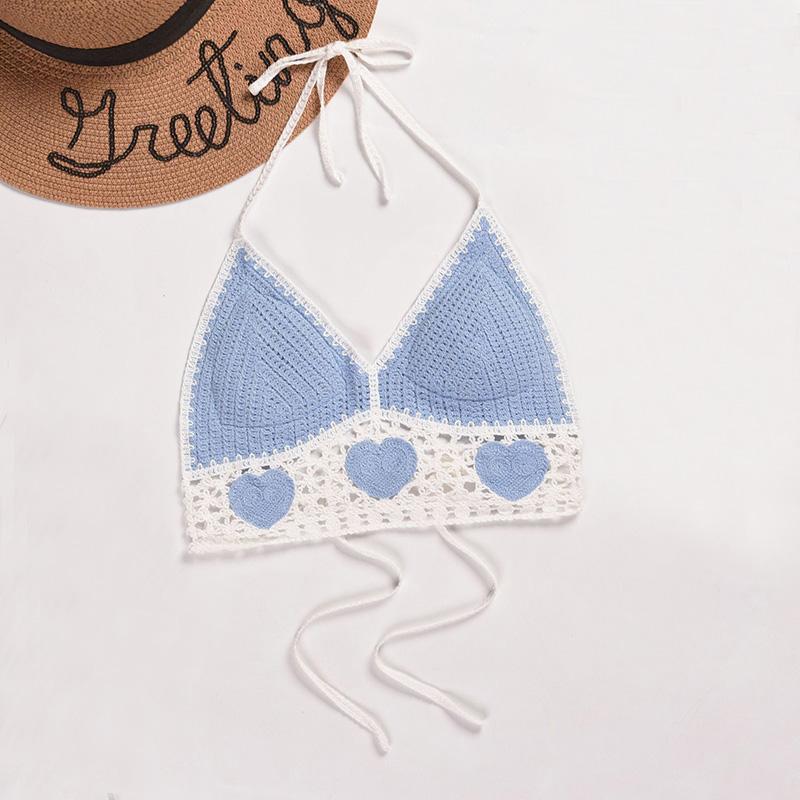 

Жіноче бікіні на хальтері, камзол у богемному стилі, трикотажна вишивка, шнурівка без спинки, пляжний укорочений топ, солодкий бюстгальтер-слінг One Size