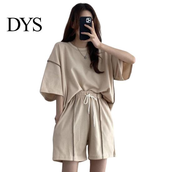 Lady Homewear Clothes 2 Pcs/Set Women Summer Tracksuit Round Neck Half Sleeves Loose Top Drawstring Shorts Set High Elastic Waist Solid Color