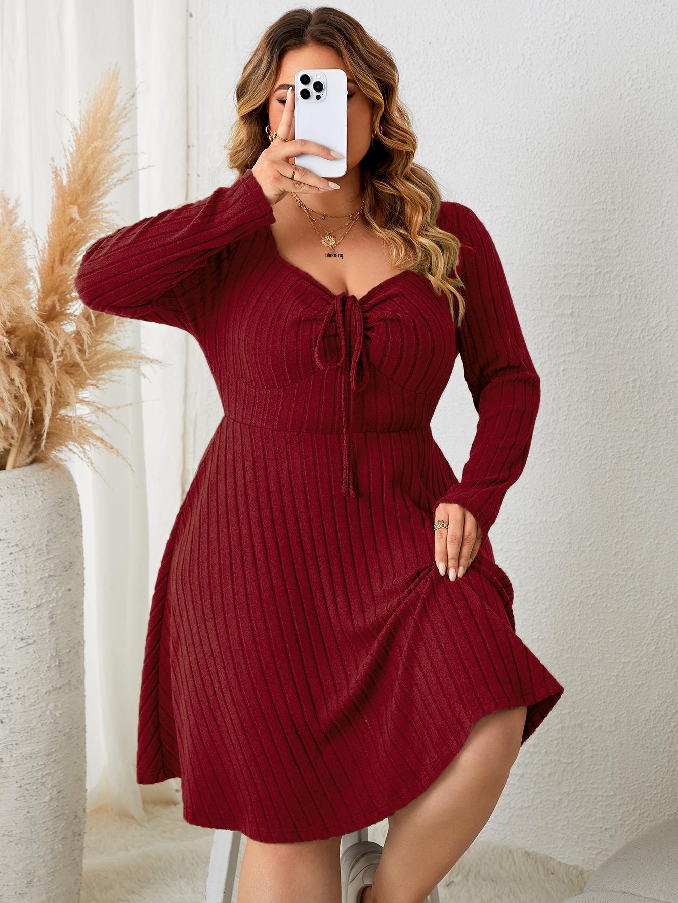

Plus Size Square Neck Long Sleeve Dress - New European & American Style 3XL вино красного