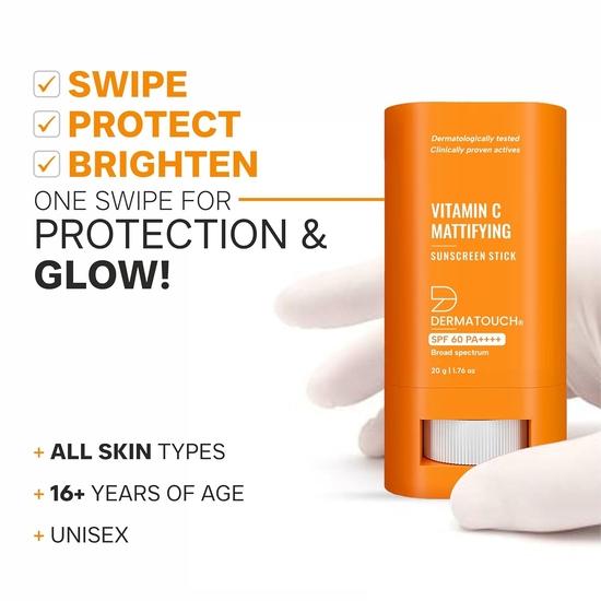 DERMATOUCH Stick de protecție solară matifiant cu vitamina C | SPF 60 PA++++ | Pentru iluminare | Cremă de protecție solară ușoară, fără urme albe, pentru toate tipurile de ten - 20g