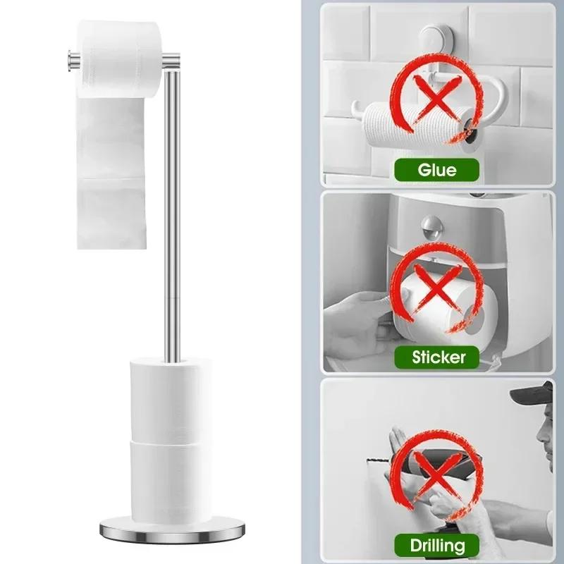 Stainless Steel Freestanding Floor-Mounted Paper Towel Holder - Single Pole Toilet Paper Storage Organizer for Bathroom &Kitchen