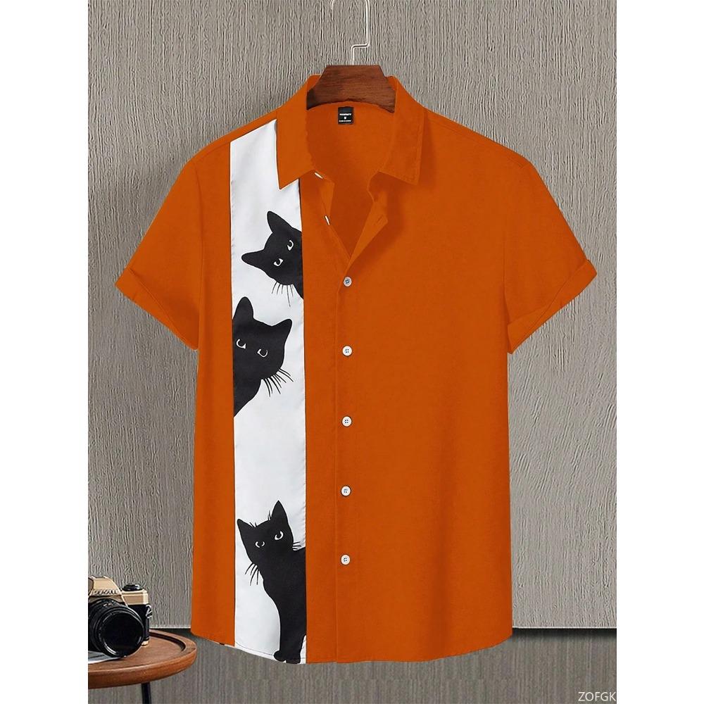 Hawaiian Beach Shirt Fashion Men's Animal Cat Print Shirt Retro Casual Street Clothing Men's Summer Unisex Short Sleeve Top