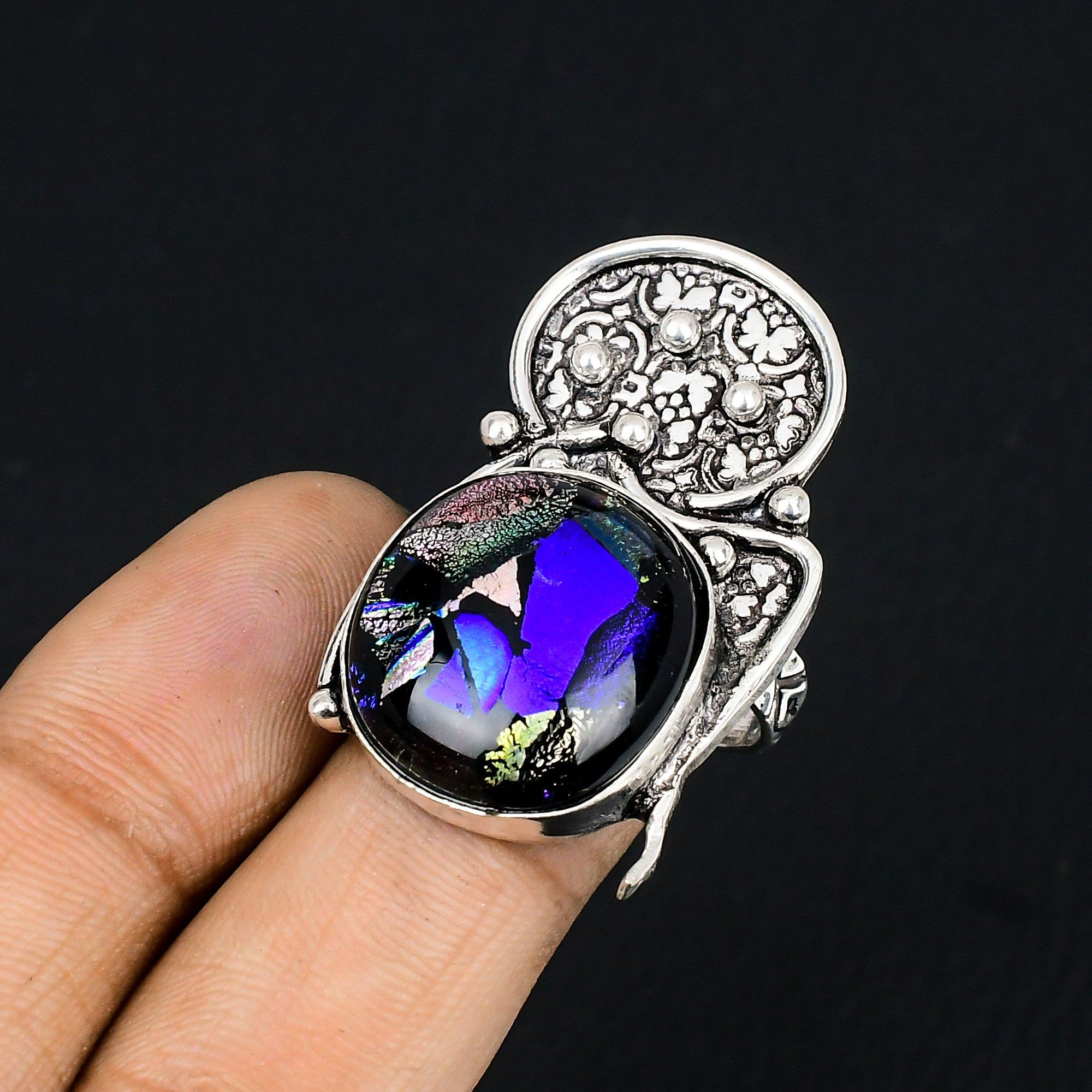 

925 Sterling Silver Oval American Dichroic Glass Stone New Solitaire Ring Size 7 7