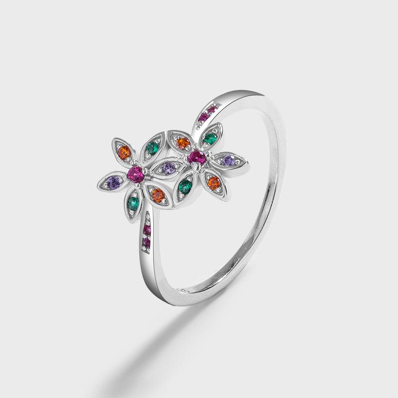 

Креативное кольцо для пары с радужным изумрудом и рубином с двойным цветком для женщин, оригинальное настоящее стерлинговое серебро, подарок на день Святого Валентина, ювелирные изделия 7 серебряный