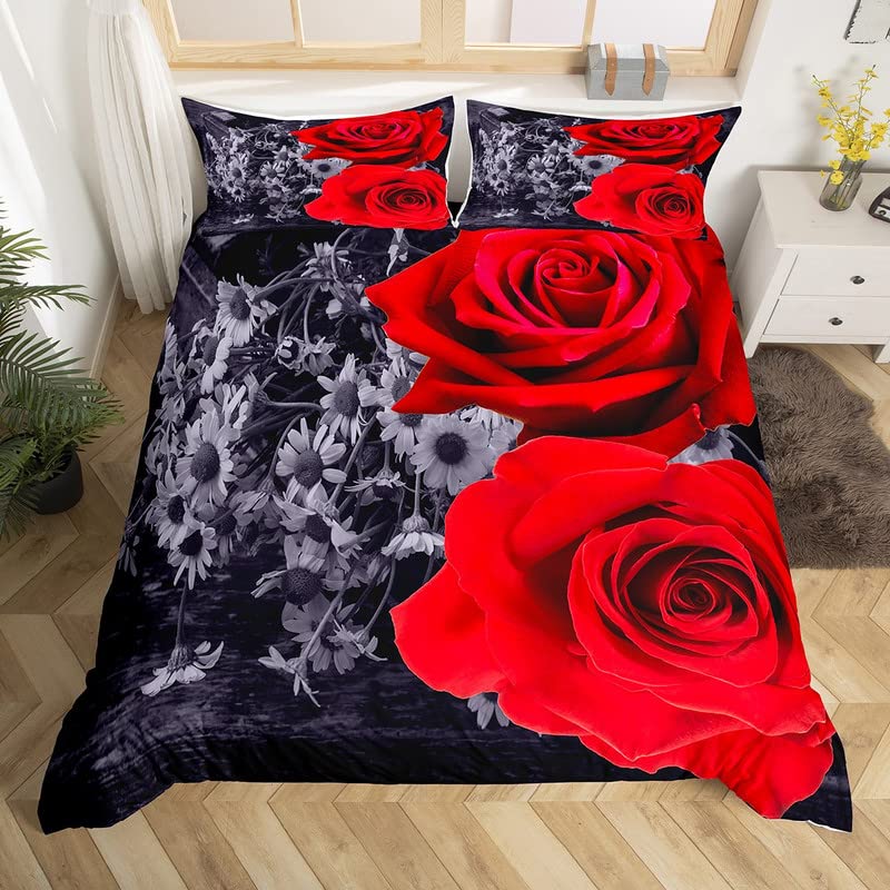 Rose Flower Duvet Cover Set Twin King Botanical Floral Bedding Set Garden Flowers Quilt Cover Valentine'S Day Bedspread Cover