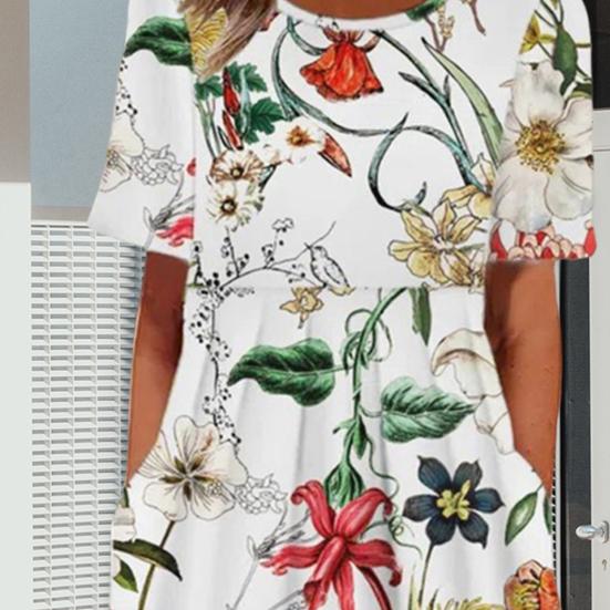 Dámské letní šaty s krátkým rukávem Ležérní květinový potisk Midi šaty s kulatým výstřihem a kapsami Splývavé plážové letní šaty do A