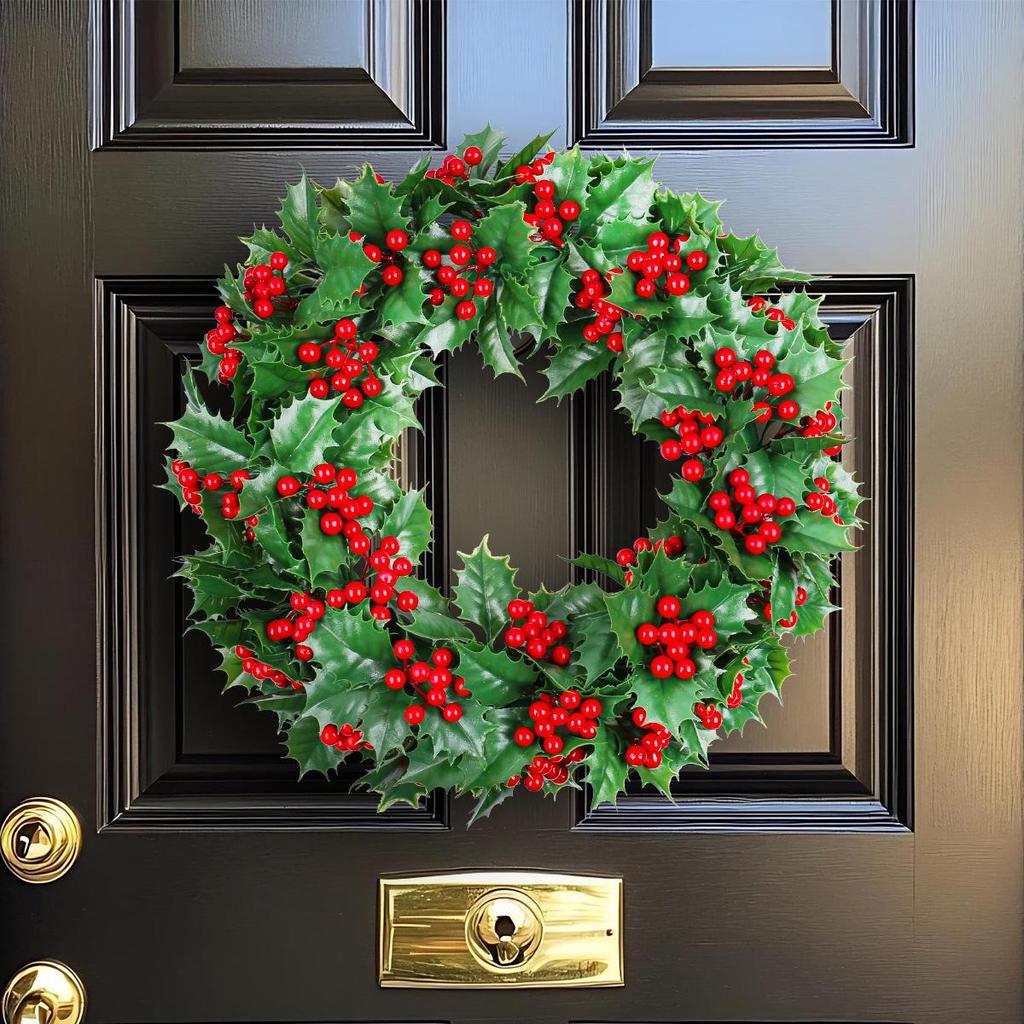 Red Berry & Green Leaf Christmas Wreath for Wall Hanging & Window Display
