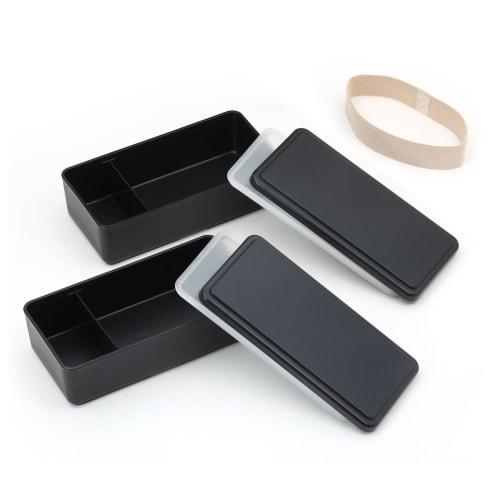 Miyoshi Seisakujyo GEL-COOL Square Lunch Box with Integrated Ice Pack, W, 2-Tier, Black, 17.8 x 8.7 x 12 cm, 1000ml Capacity, Divided, Suitable for Wo