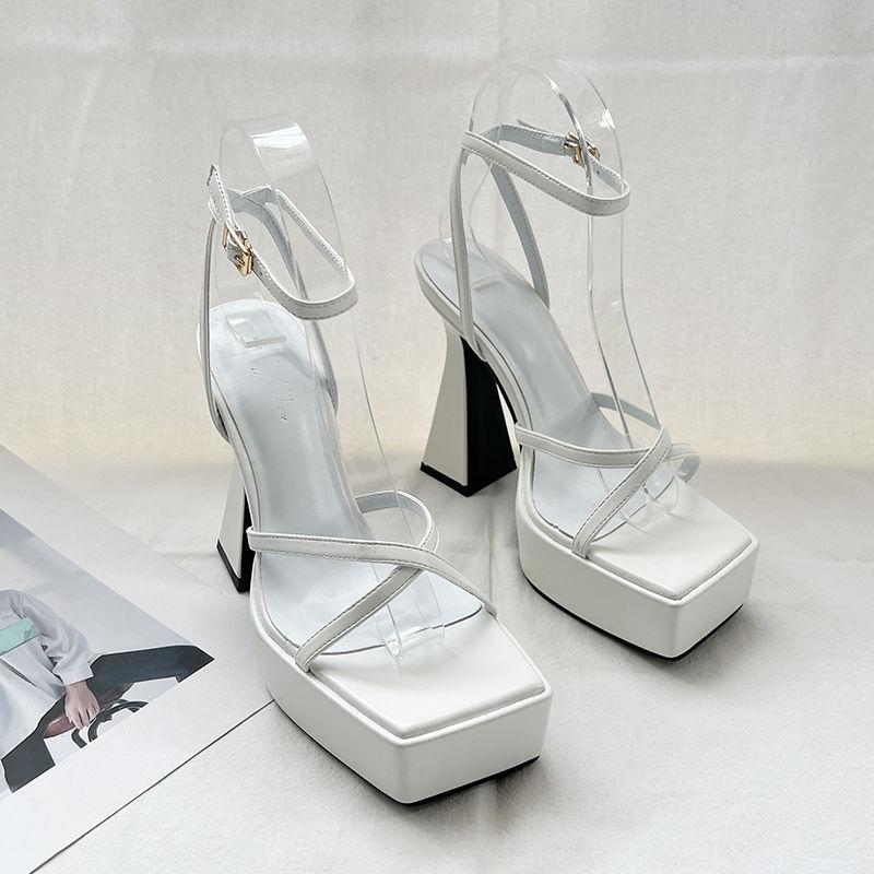 2025 Summer Square Head Open-toed Hate Sky High Platform Sandals Women's Cross-strap Waterproof Table Thick Heel High Heels