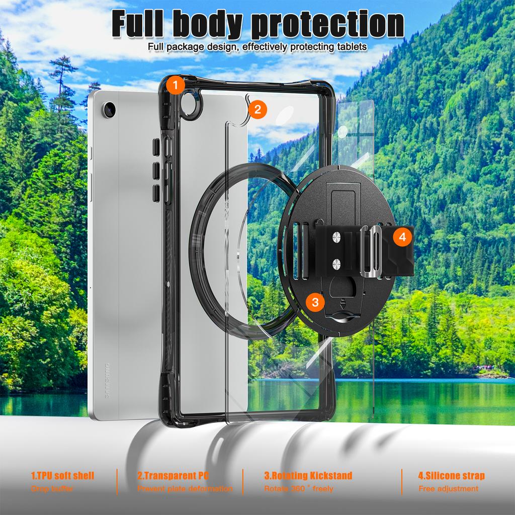 For Samsung Galaxy Tab A9+ SM-X210/X216/X218 Case Hand Strap Kickstand PC+TPU+Acrylic Clear Tablet Cover
