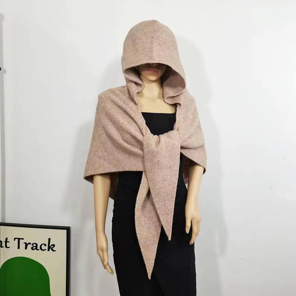 Wool Knitted Large Shawl Scarf Women's Autumn and Winter Warm Triangle Scarf Hooded Integrated Balaclava Hat