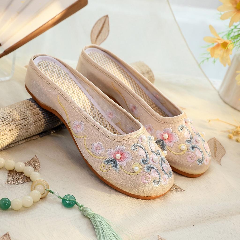 [Cai Xuan] 2025 Summer New Mercerized Satin Slippers Retro Sandals Cheongsam Ancient Hanfu Shoes Women's Single Shoes