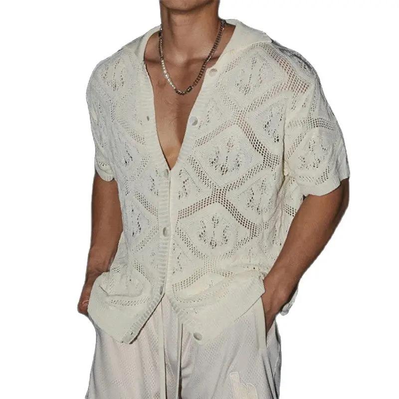 Men Hollow Out Knit Shirt Vintage Breathable Knitting Shirts Men Summer Stylish Solid Color Short Sleeve Tops