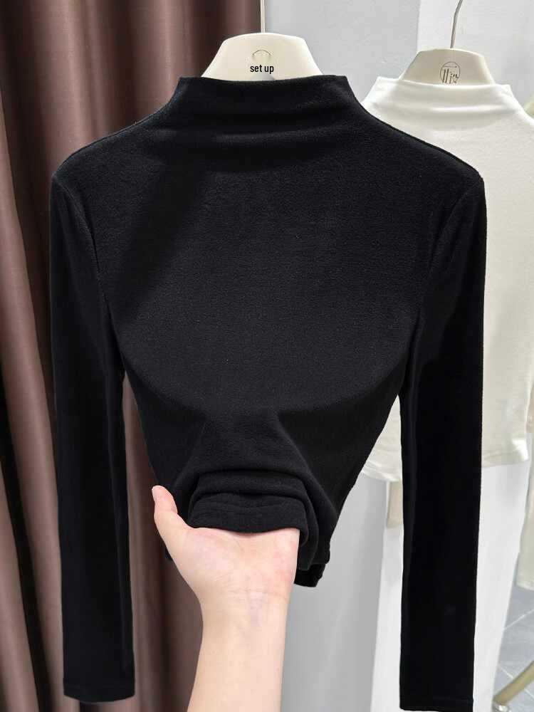 Women's Slim-Fit Gray Thermal Long-Sleeve T-Shirt with Half-High Neck for Autumn/Winter