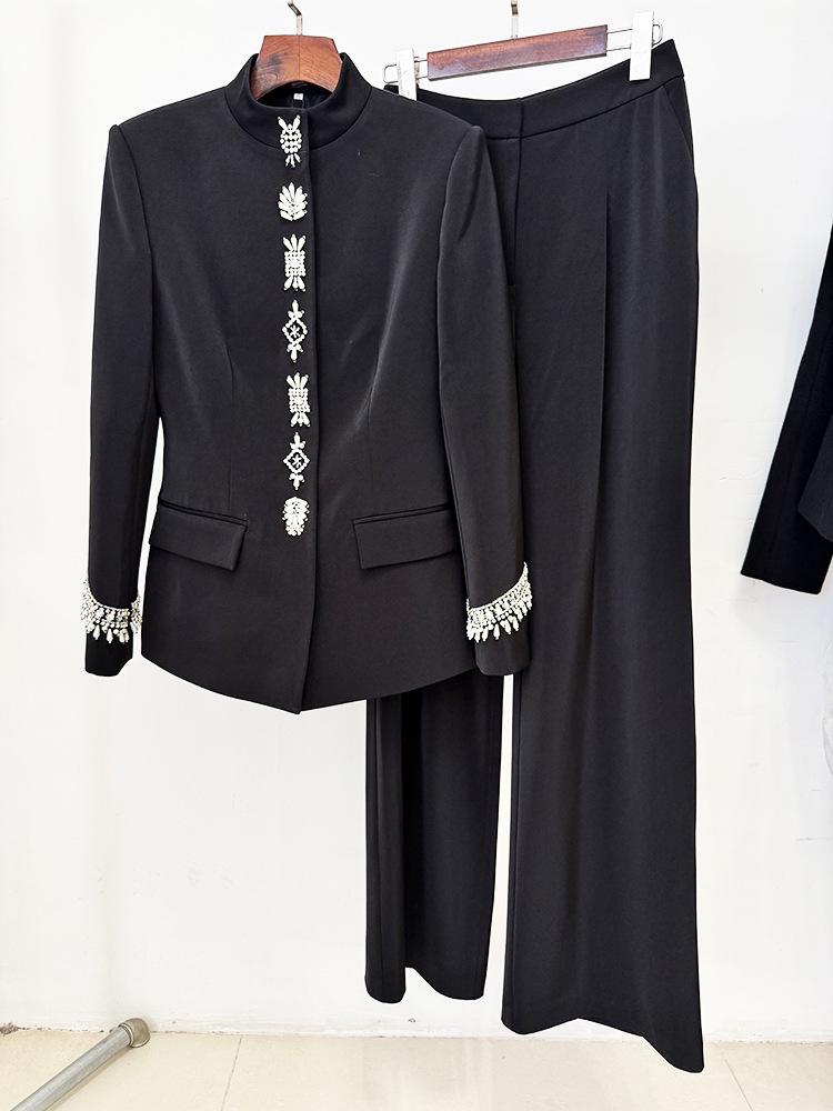 2025 Podzimní Celebrity Móda Korálkový Kamínkový Stojáček Bunda a Kalhoty Set