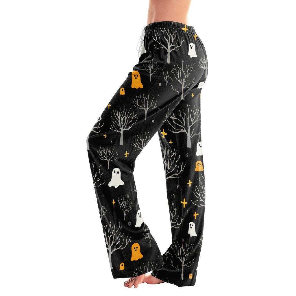 Damen Loungehose mit Kordelzug und Halloween-Print, lässig, volle Länge, entspannte Passform, Schlafanzughose für den Alltag