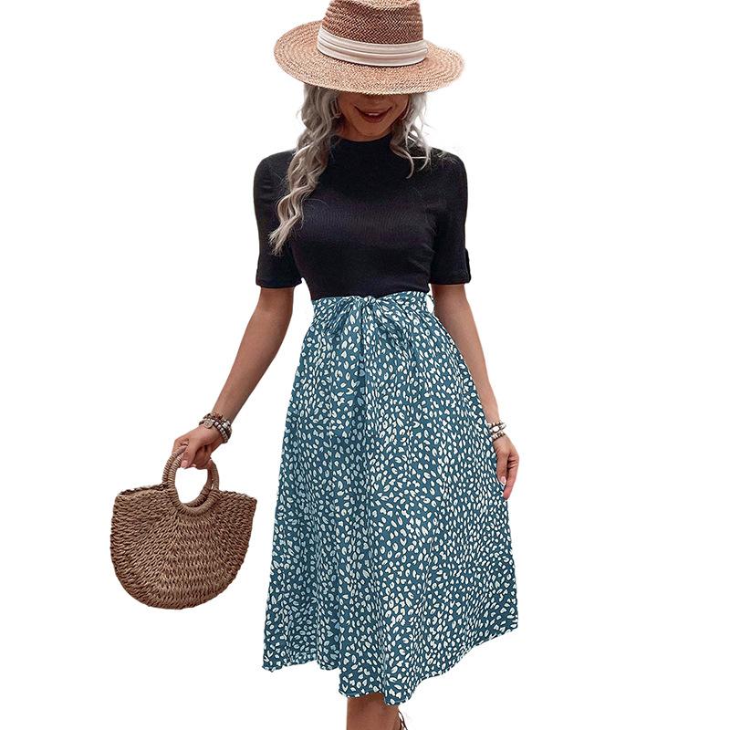 Summer Versatile Elegant Fresh and Sweet Semi-turtleneck Leopard Print Color Matching Dress