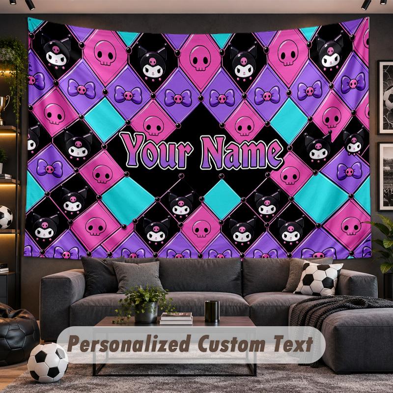 Kuromi Personalized Tapestry Support Custom Name, Wall Art Home Decoration