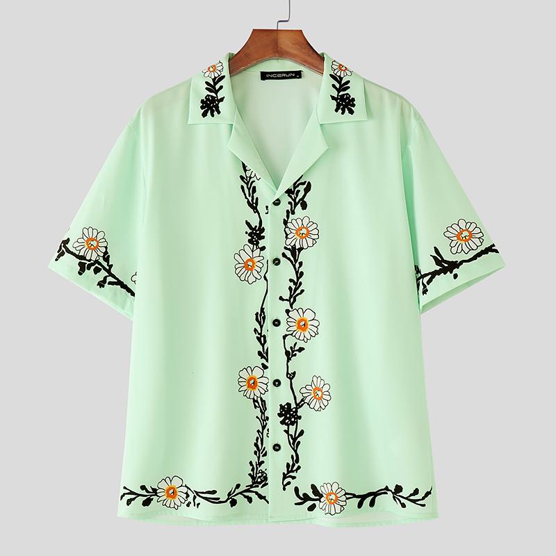 

INCERUN Summer Men Lapel Neck Short Sleeve Floral Print Casual Holiday Shirts 3XL зелёный