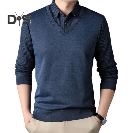 

Мужской свитер, имитация двухсекционной рубашки и свитера, формальный деловой стиль, отложной воротник, длинные рукава, полосатый офисный топ на осень и весну XXL темно-синий