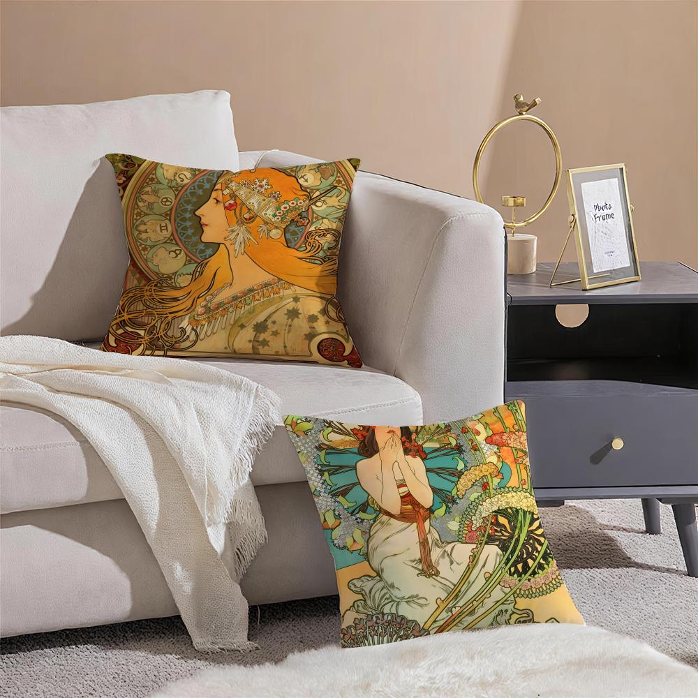 A-Alphonse Maria M-Mucha Cushion Cover Linen Pillow Case Soft Breathable Protective Couch Room Decoration