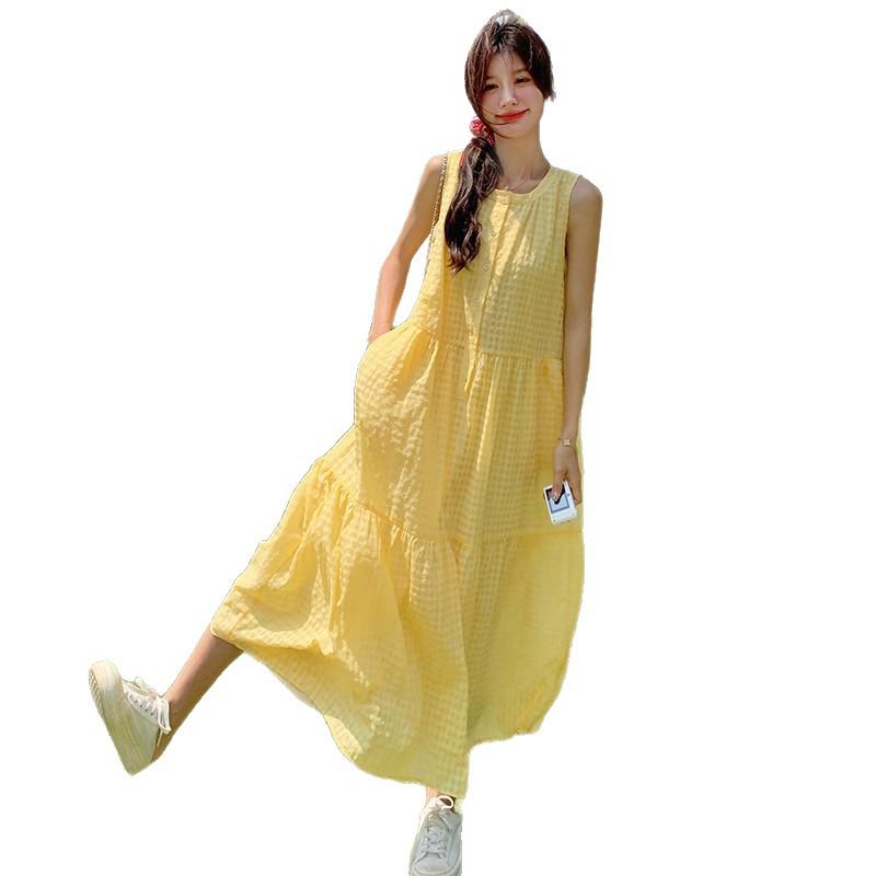 New Summer 2026 Women's Yellow Sleeveless French Vest Dress - Beach Resort Style
