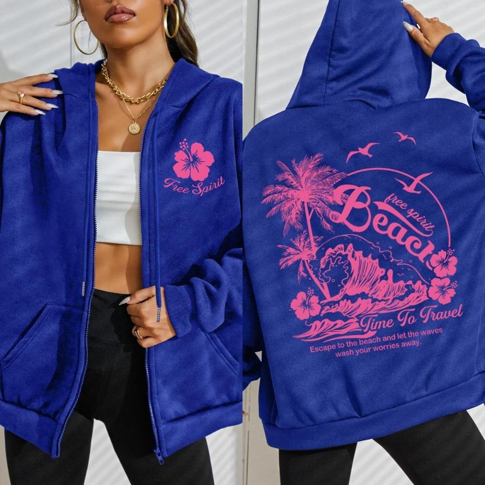 Free Spirit Beach Time Of Travel Print Women Zipper Hoody Fashion Autumn Hoodie Pocket Streetwear Fleece Loose Hoodies