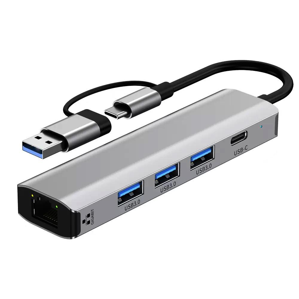 

Док-станция 5-в-1 USB-A3.0 Адаптер кабеля для передачи данных USB-C Сетевая карта Ethernet Rj45 Gigabit USB-концентратор Type-C для ноутбуков серый