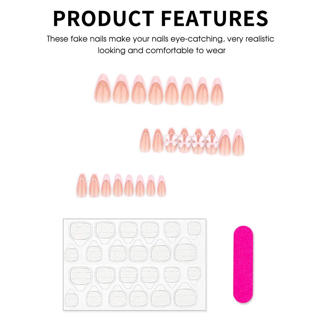 24Pcs French Pink Ice Butterfly Bow Fake Nails for Women