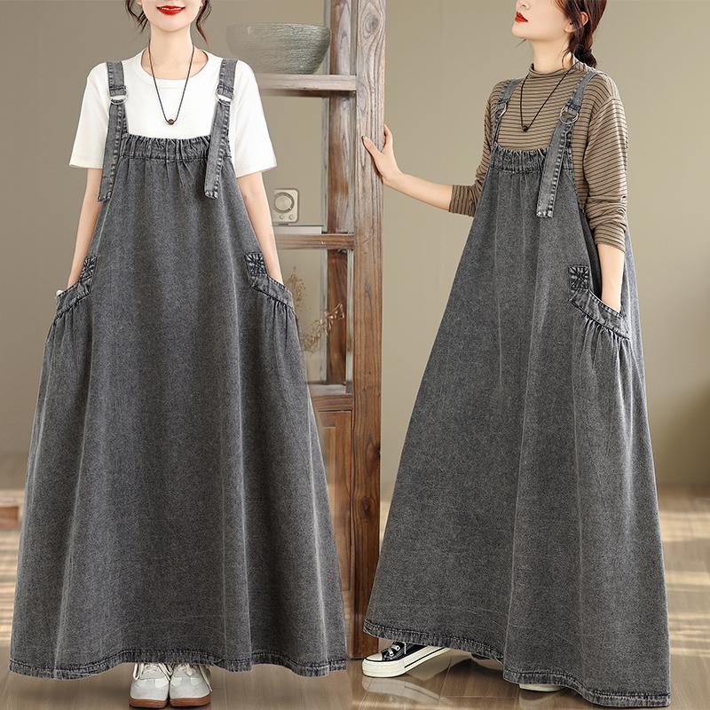 

DIMANAF Женское джинсовое платье большого размера Макси длинное платье Без рукавов Винтажное Свободное Повседневное Базовое платье Хлопок M серый