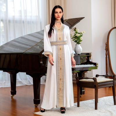White Hand Embroidered Slim Party Robes Muslim Dress