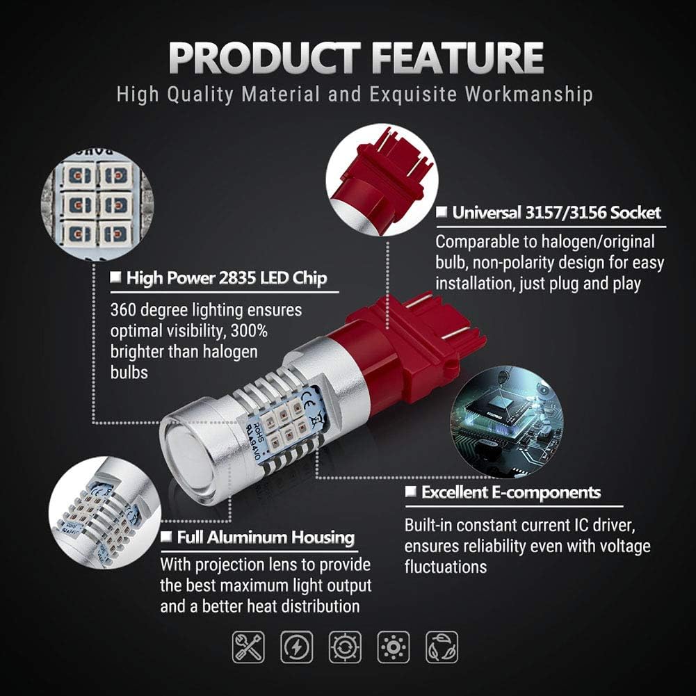 Antline Extremely Bright 3157 3156 3156A 3057 4057 4157 3057LL 3457 3157K 21-SMD 1260 Lumens LED Bulb Replacement Brilliant Red For Car Brake Tail