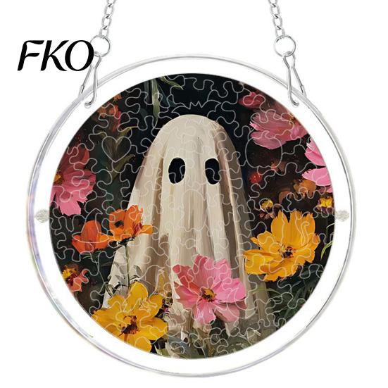 Clear Acrylic Halloween Hanging Suncatcher Jigsaw Puzzle Set, Spooky Ghost Floral Meadow Window Ornament with Metal Stained Glass Frame &