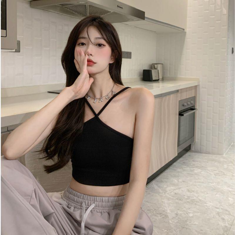 

Fashion Style Sexy All-Matching Halterneck Sleeveless Open Back Inner Wear Outer Wear Short Camisole Tops Women s Summer Black M