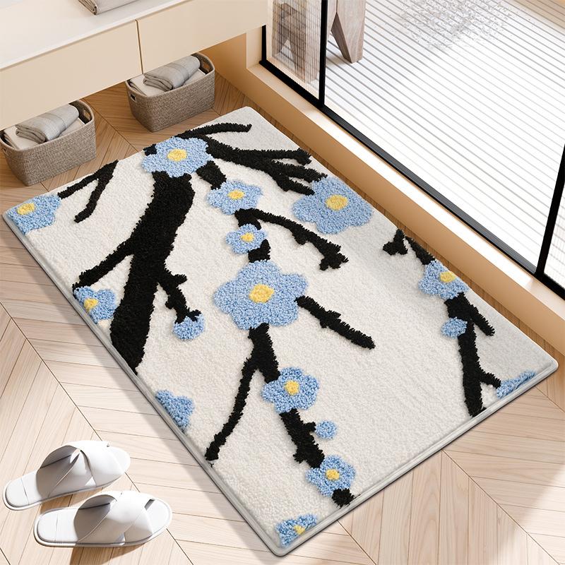 Flocking Thicken Entrance Carpet Tufted Chinese Plum Pattern Bedside Rug Non-slip Absorbent Bathroom Floor Mat Bedside Rug