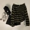 The Pink Women BoaT Neck STripe Side Shirring STrap KniT Long Sleeve T
