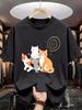 Unisex Navy Tee Four Cute Sleeping Kittens With Spiral Pattern Cartoon Print Crew Neck Loose Casual Male Short Sleeve Tops