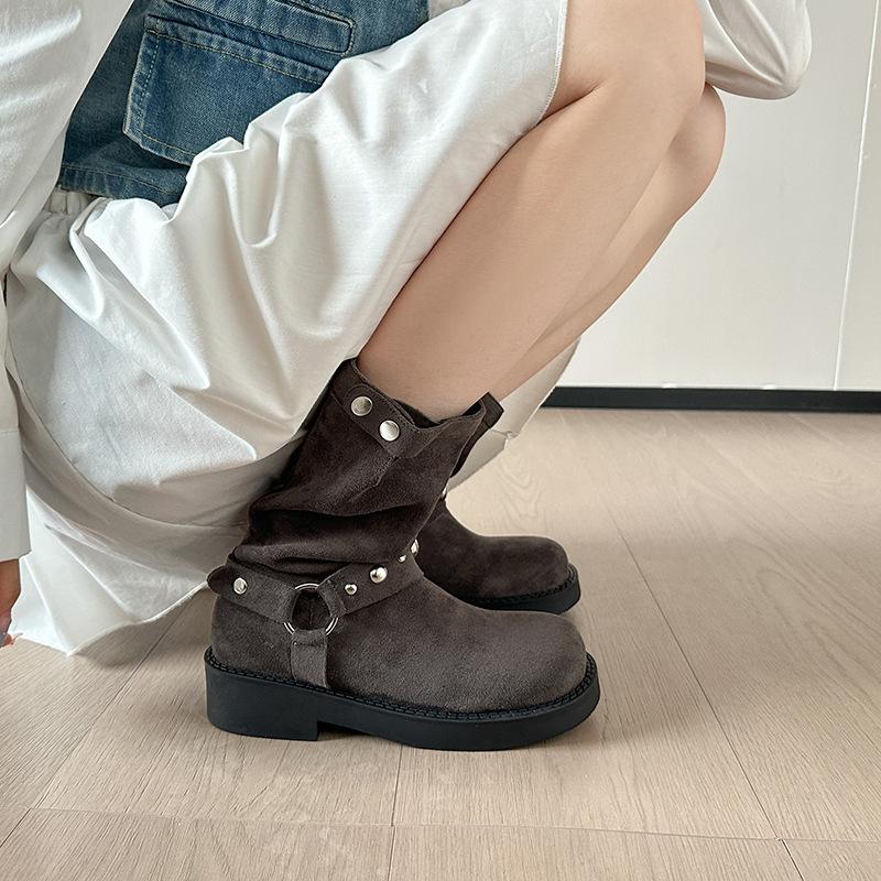 New spot British style thick heel Martin boots women's 2025 new western stacking boots metal buckle versatile thick bottom